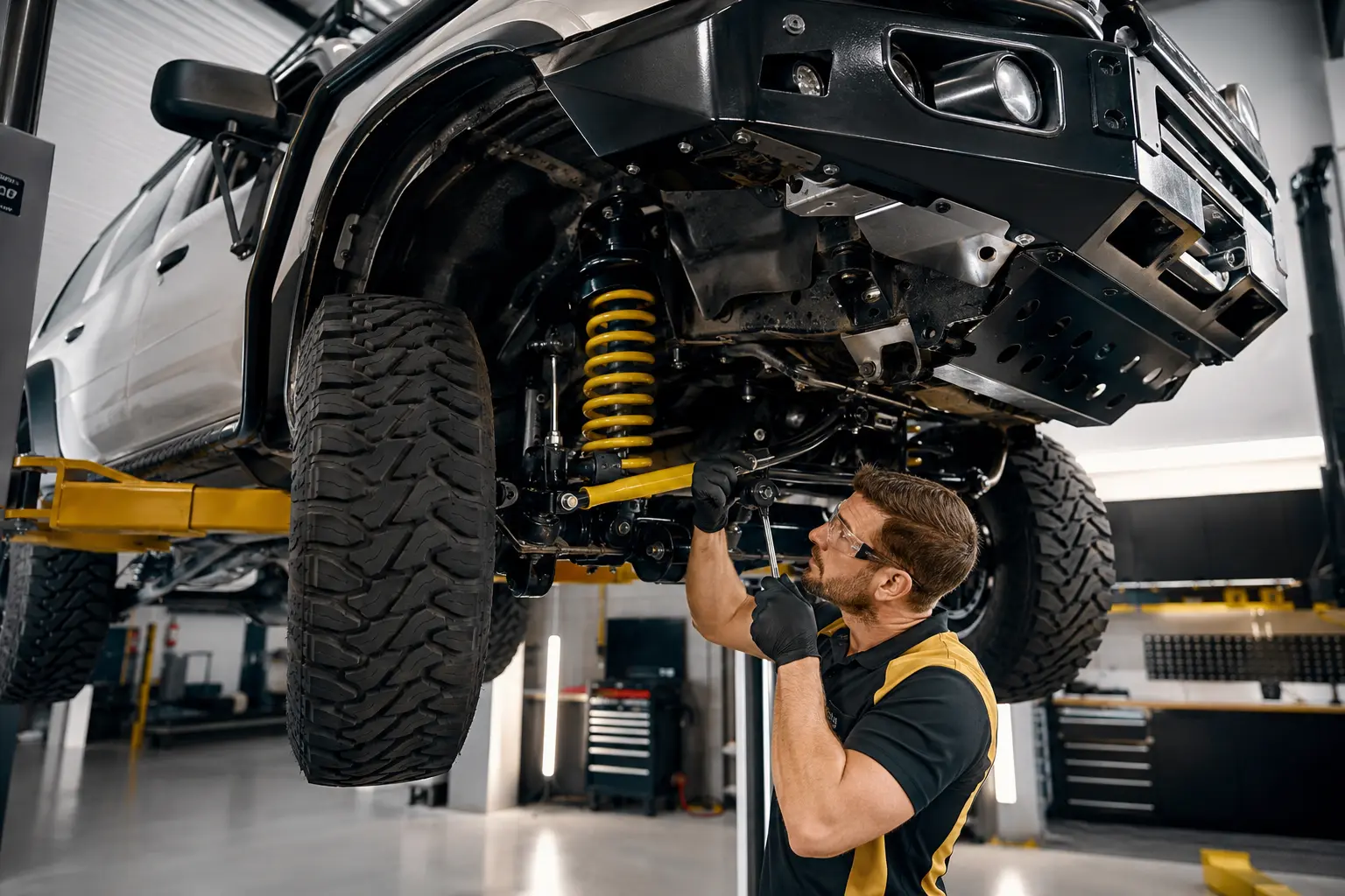 A mechanic inspecting upgraded suspension beneath a four-wheel drive